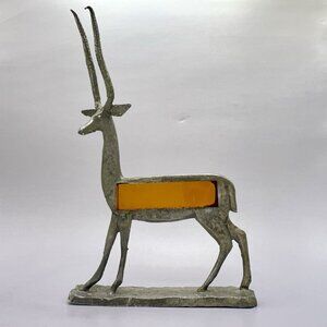 Antelope Gazelle Stick Figure Brutalist Metal Amber Glass Inset Signed GAC 74